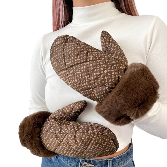 LOUIS VUITTON LV Logo Monogram Gloves Accessory Rabbit Fur Brown Gold [103984] - Picture 1 of 11